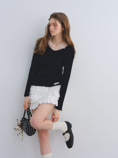 AsGony ASG25664 Polka dot mesh spliced wool base sweater