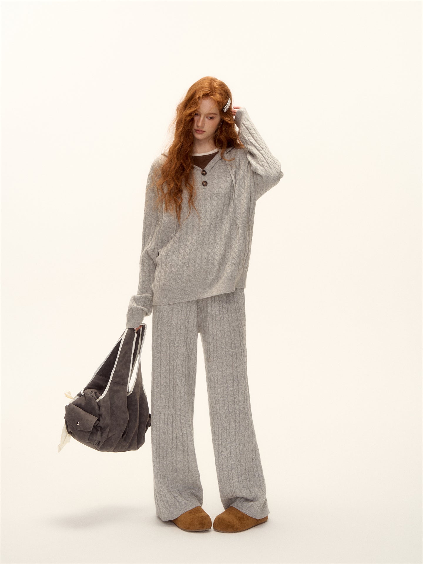 AsGony ASG25490&amp;ASG25521 Wool pullover hooded button twisted knit sweater + pants