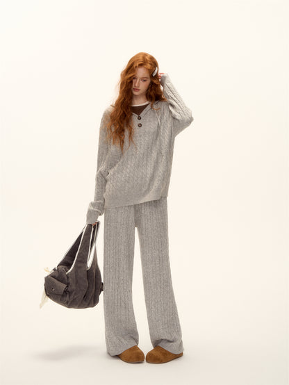 AsGony ASG25490&amp;ASG25521 Wool pullover hooded button twisted knit sweater + pants