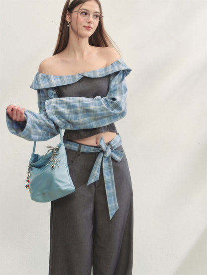 AsGony ASG25263&amp;ASG25264 Plaid patchwork off-shoulder top + pants set