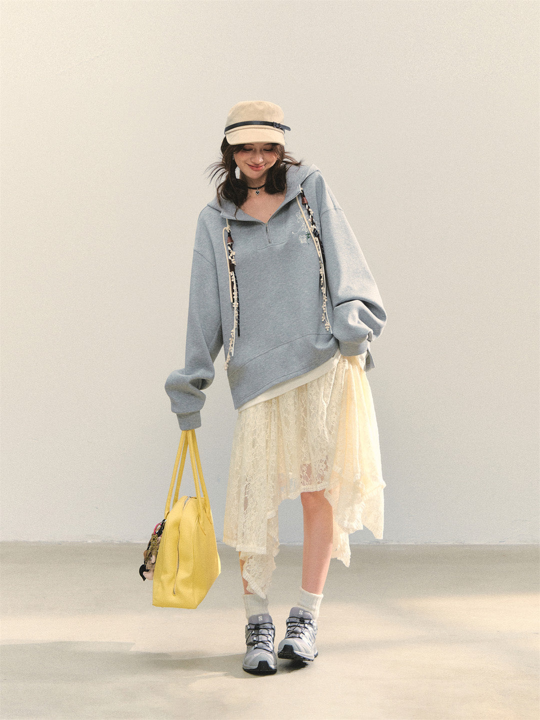 AsGony ASG25347 Flower embroidered casual loose pullover hoodie