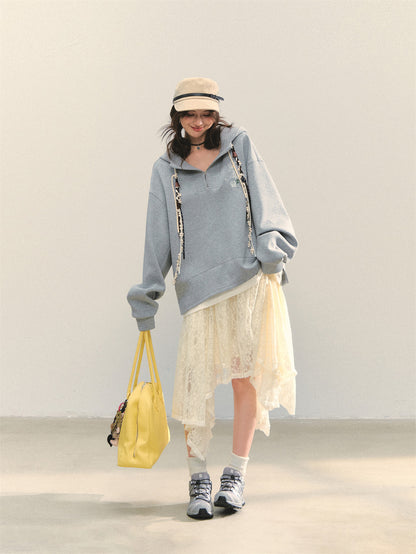 AsGony ASG25347 Flower embroidered casual loose pullover hoodie