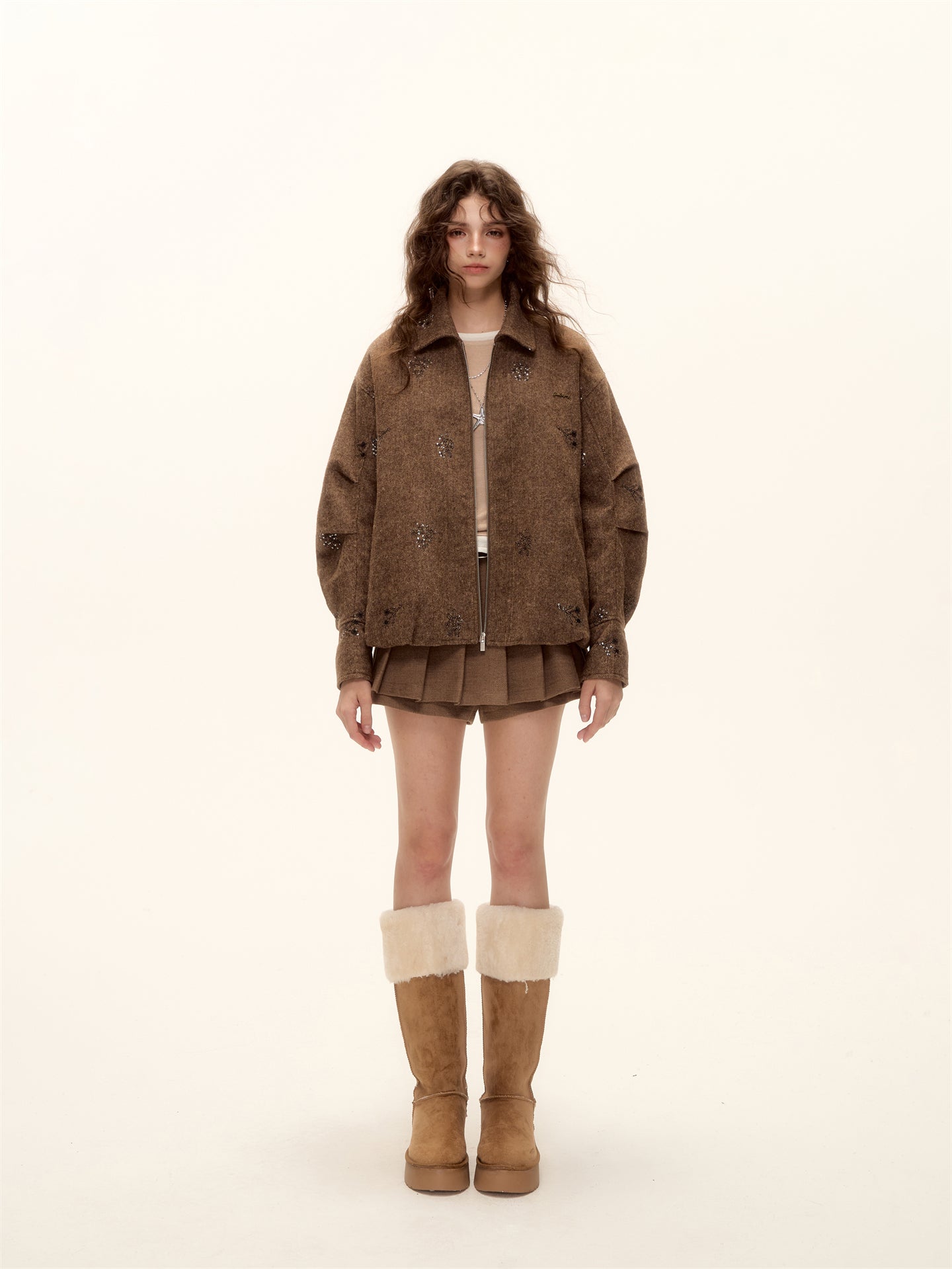 AsGony ASG25497 Bead embroidery plaid splicing flower bud wool jacket