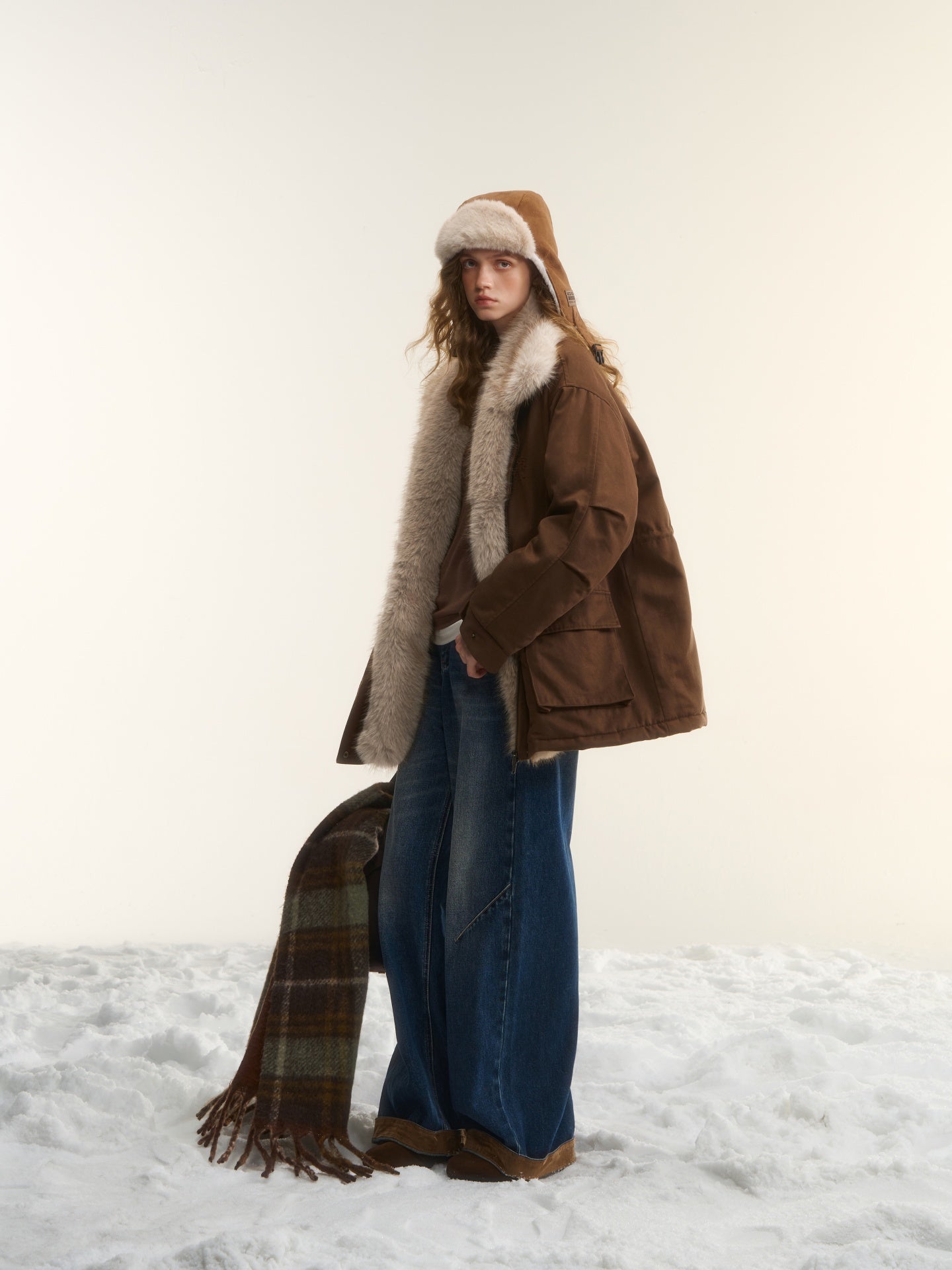 AsGony ASG25564 Detachable wool collar clip cotton Lyocell Parker jacket