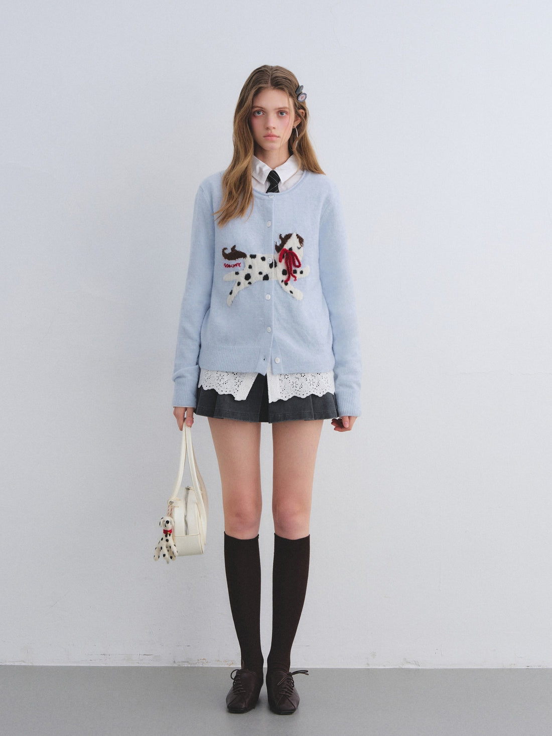 AsGony ASG25648 Pony jacquard bow round neck wool cardigan