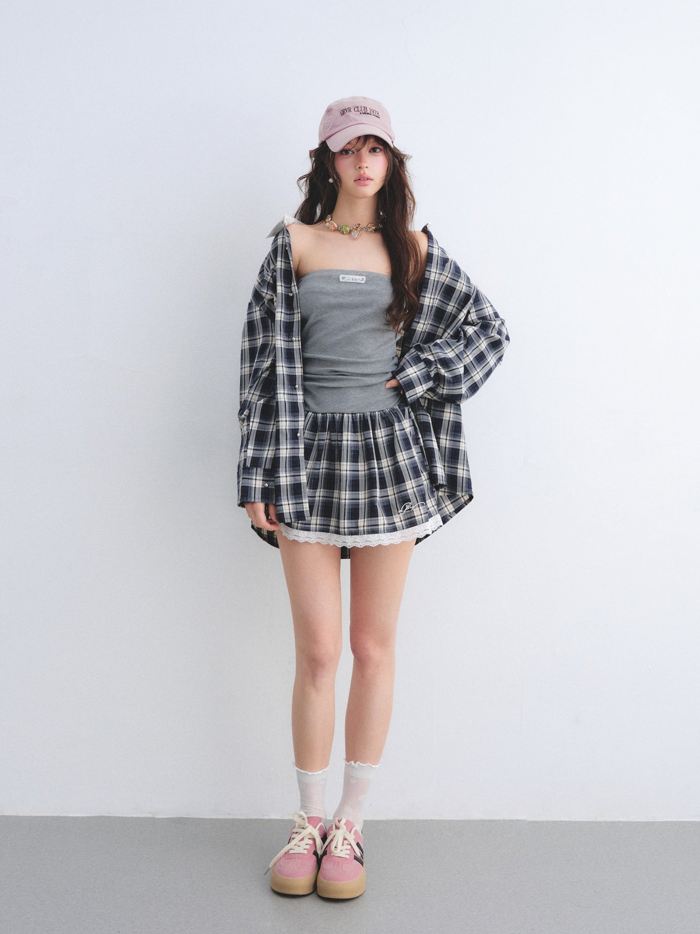 AsGony ASG26010&amp;ASG26011 Strapless pleated plaid patchwork lace dress + shirt