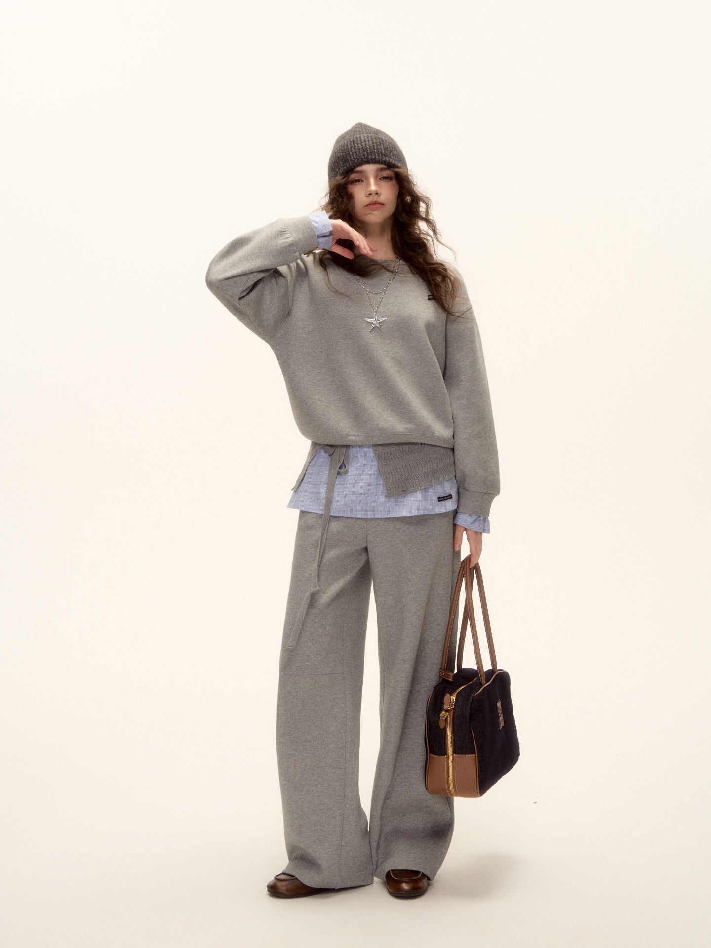 AsGony ASG25509&amp;ASG25510 Cuff plaid patchwork round neck pullover hoodie + pants set