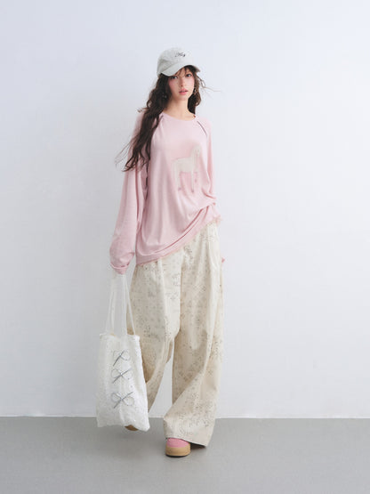 AsGony ASG26026 Tencel wool raglan sleeves with ponytail printed lace T-shirt