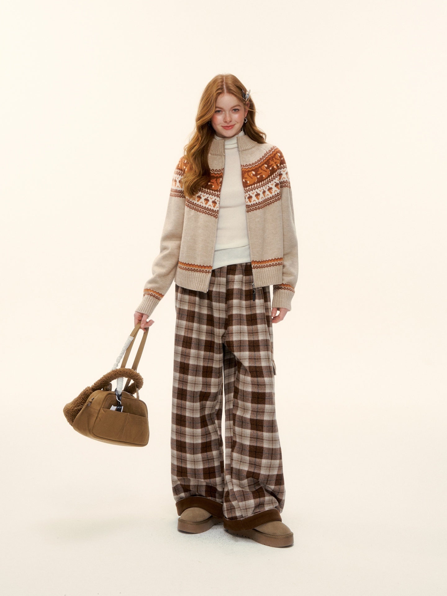 AsGony ASG25629 Elastic plaid wide leg casual pants