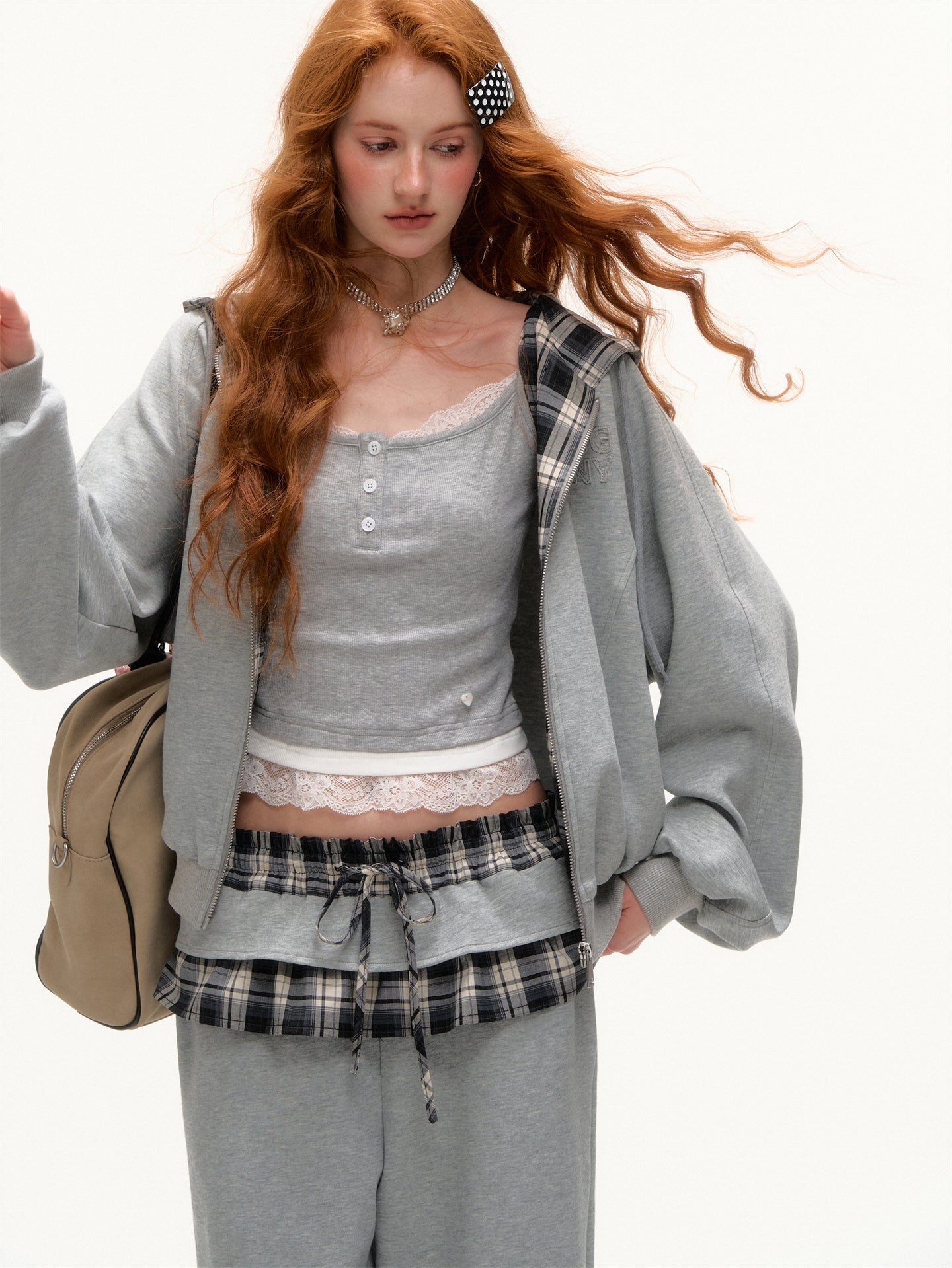 AsGony ASG25403&amp;ASG25404 Plaid patch embroidered hoodie + pants
