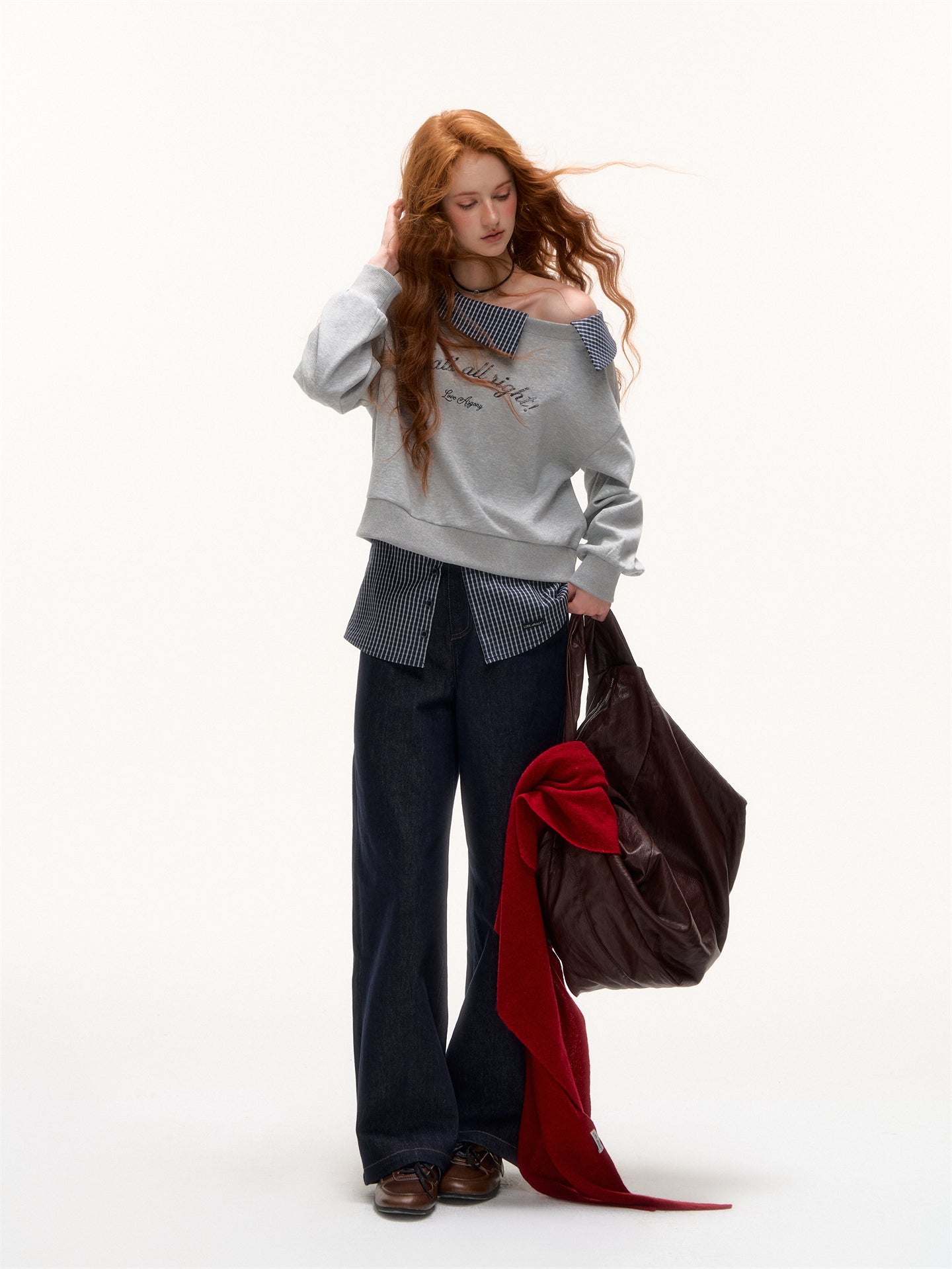 AsGony ASG25422 Off shoulder slanted shoulder patchwork printed embroidered hoodie