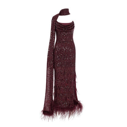 SHEERLUCK SLLYQ25502 Sparkling ostrich fur wavy collar ribbon dress