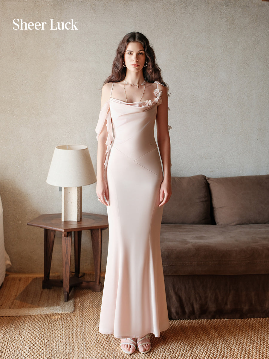 SHEERLUCK SLLYQ26302 Vacation style swing collar suspender fish tail dress (Pink)