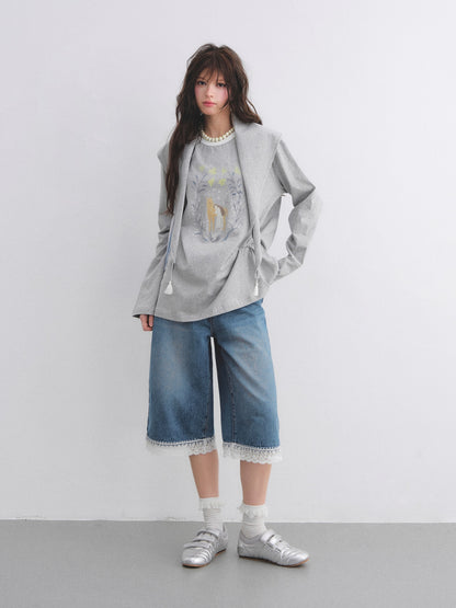 AsGony ASG26012 Ruffled Embroidered Hem Washed Denim Seven-Eighths Pants