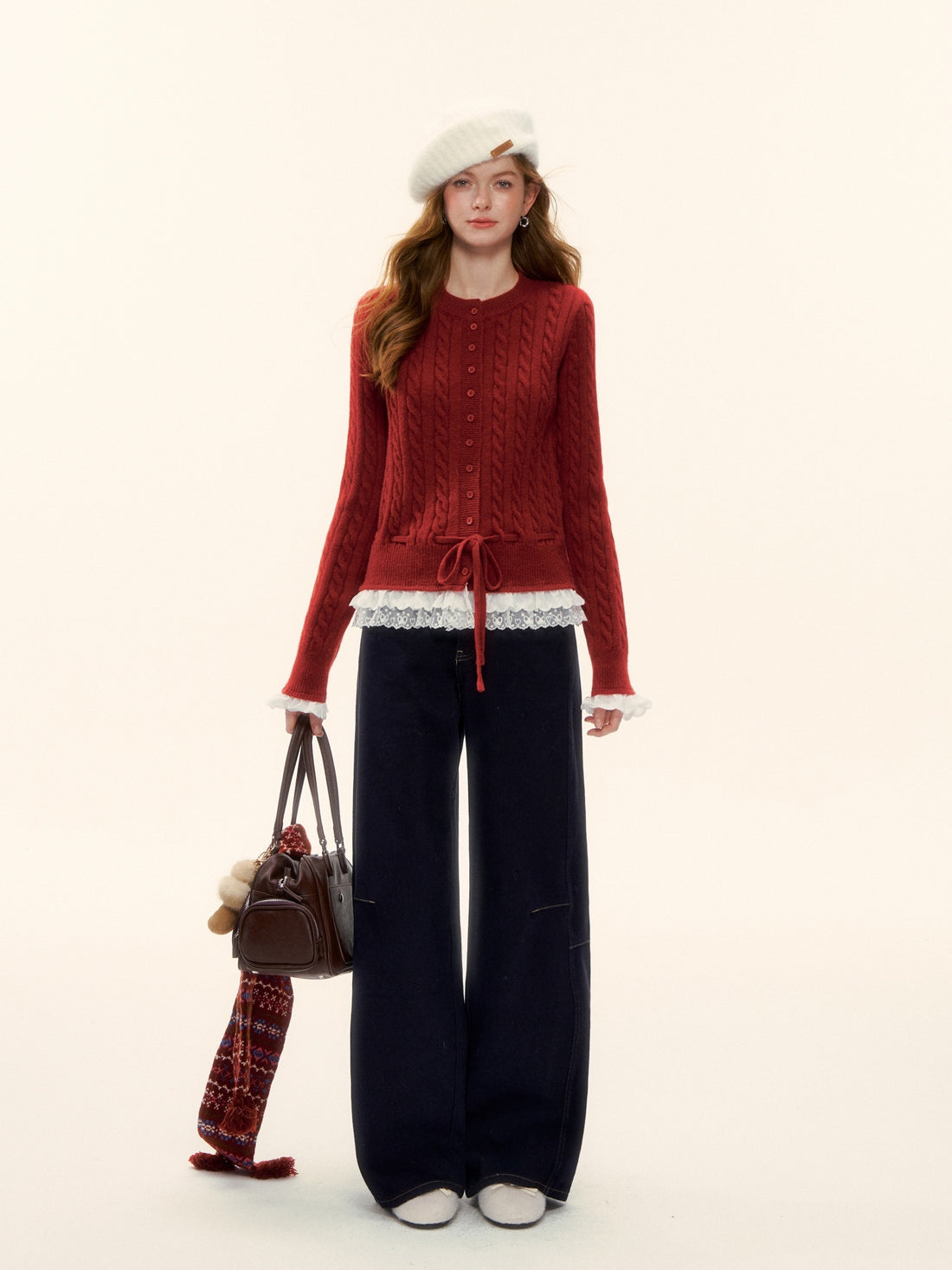 AsGony ASG25622 Lace hem patchwork knit sweater