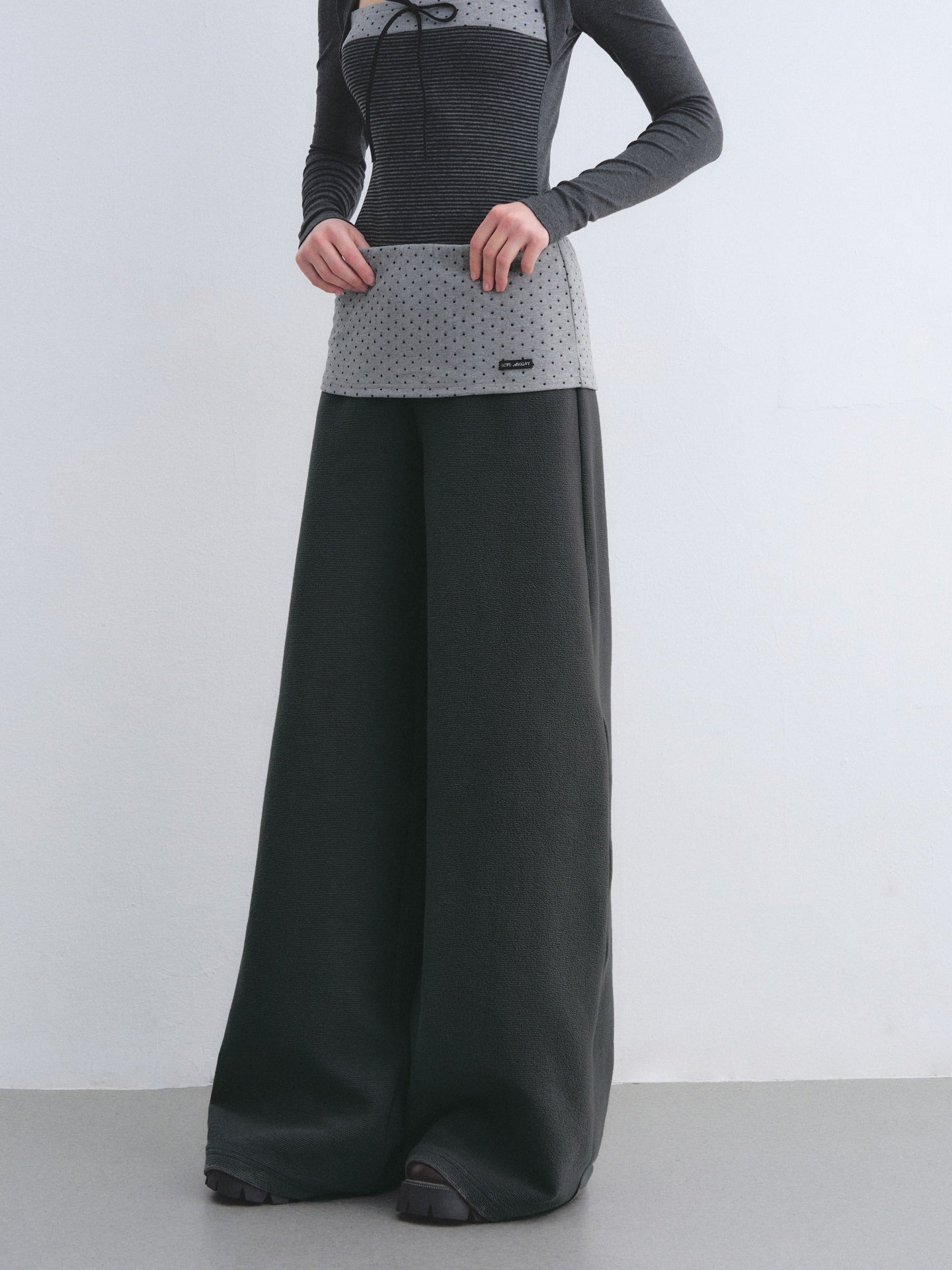 AsGony ASG26032&amp;ASG26033 Color blocked bow polka dot striped patchwork top + pants