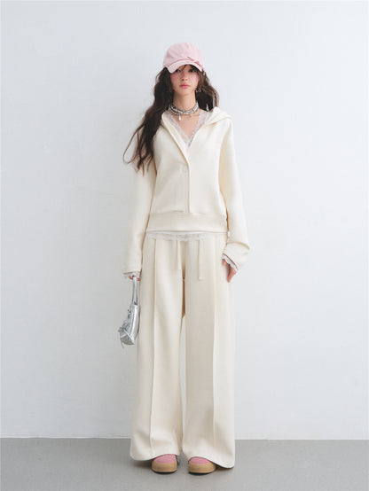 AsGony ASG26038&amp;ASG26039 V-neck cross lace patchwork vest hoodie + pants