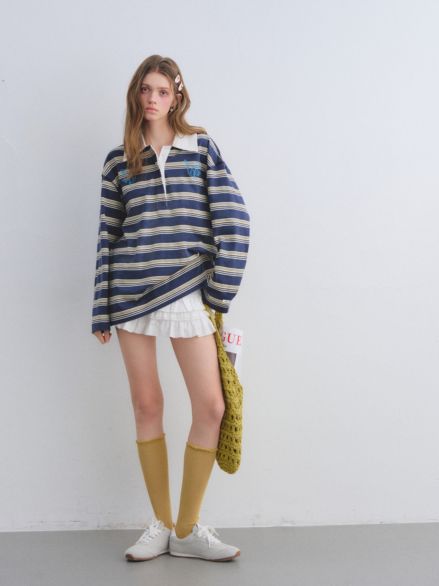 AsGony ASG25646 Collar patchwork striped embroidered long sleeved polo shirt