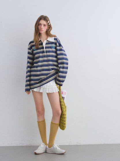 AsGony ASG25646 Collar patchwork striped embroidered long sleeved polo shirt