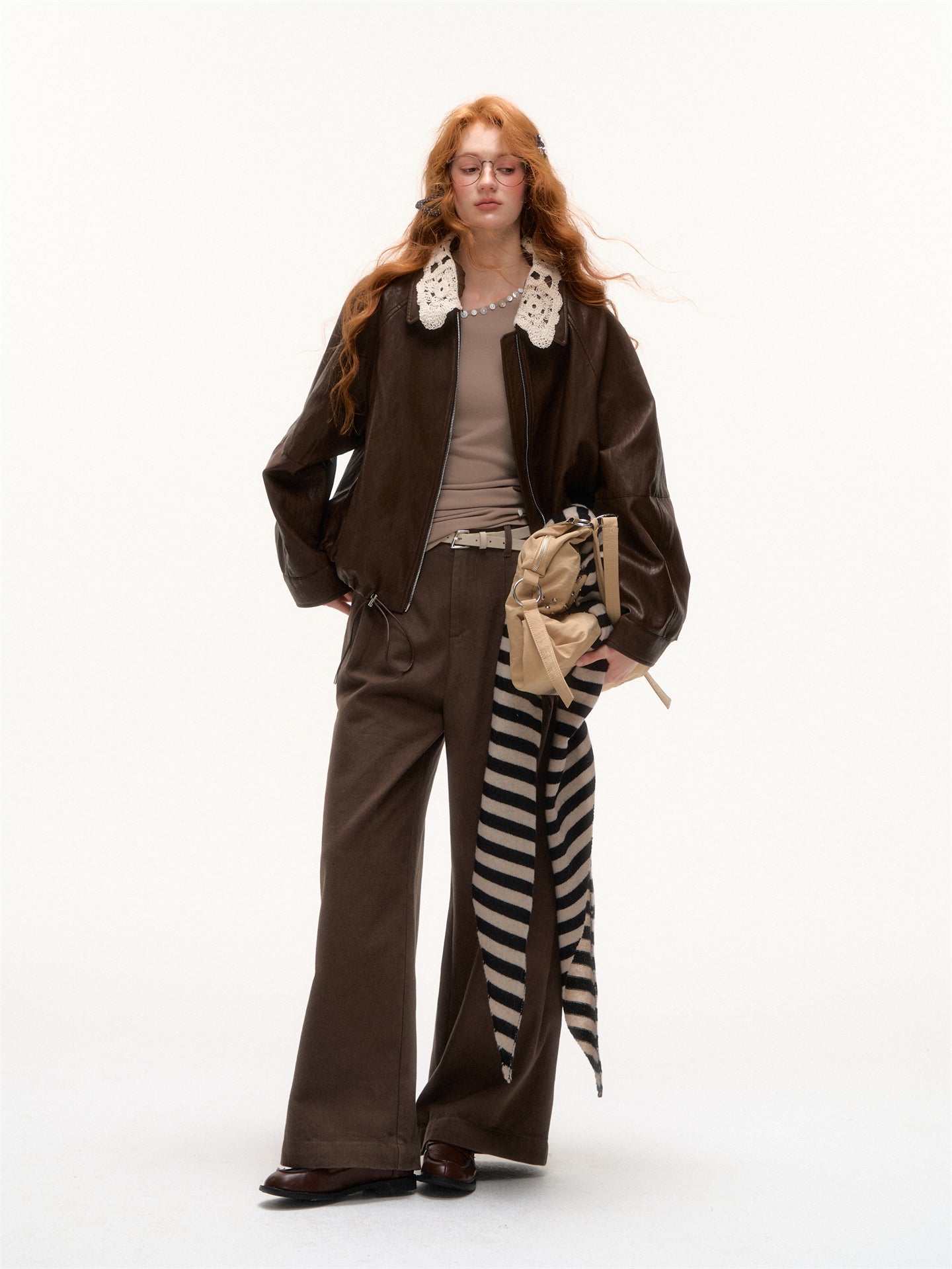 AsGony ASG25377 Checkered hem flared waistband loose pants