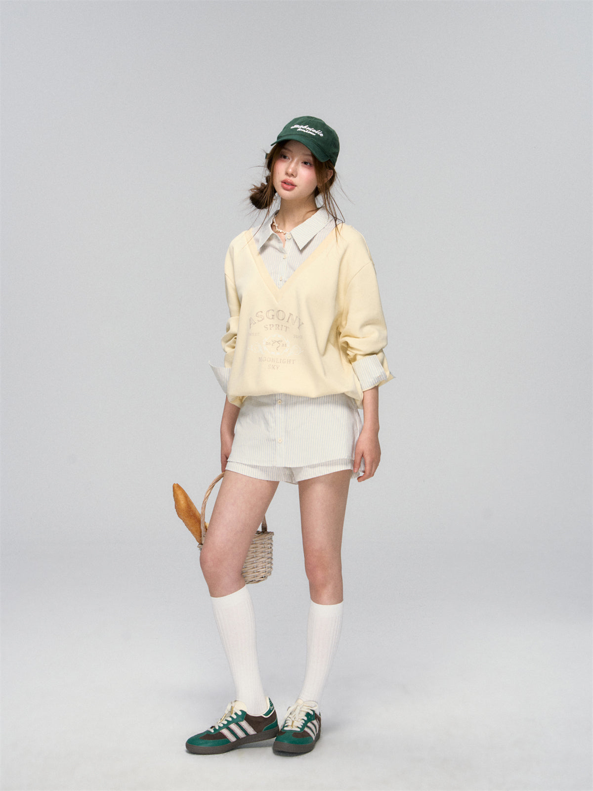 AsGony ASG25020&amp;ASG25021 V-neck patchwork shirt sweatshirt + pants skirt set