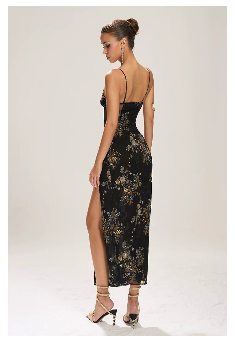 FIND YA WINGS Sheer Mesh Cut-out Waist Panel Midi Dress