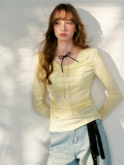 16DEWS 16D26080 Polka dot ribbon pleated collar cinched top