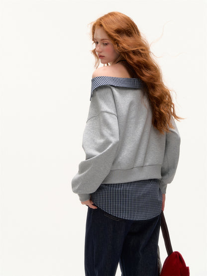 AsGony ASG25422 Off shoulder slanted shoulder patchwork printed embroidered hoodie