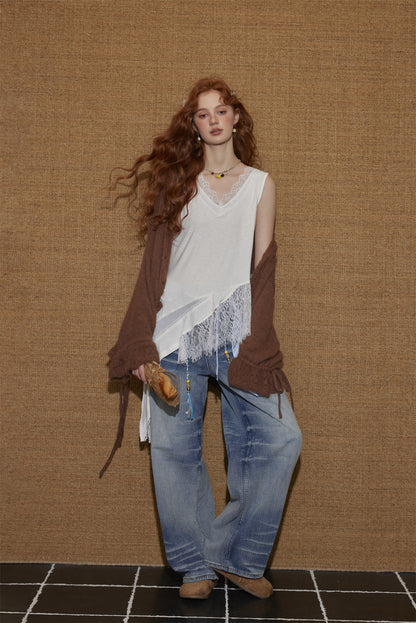 AsGony ASG25431 V-neck lace patchwork asymmetrical hem vest