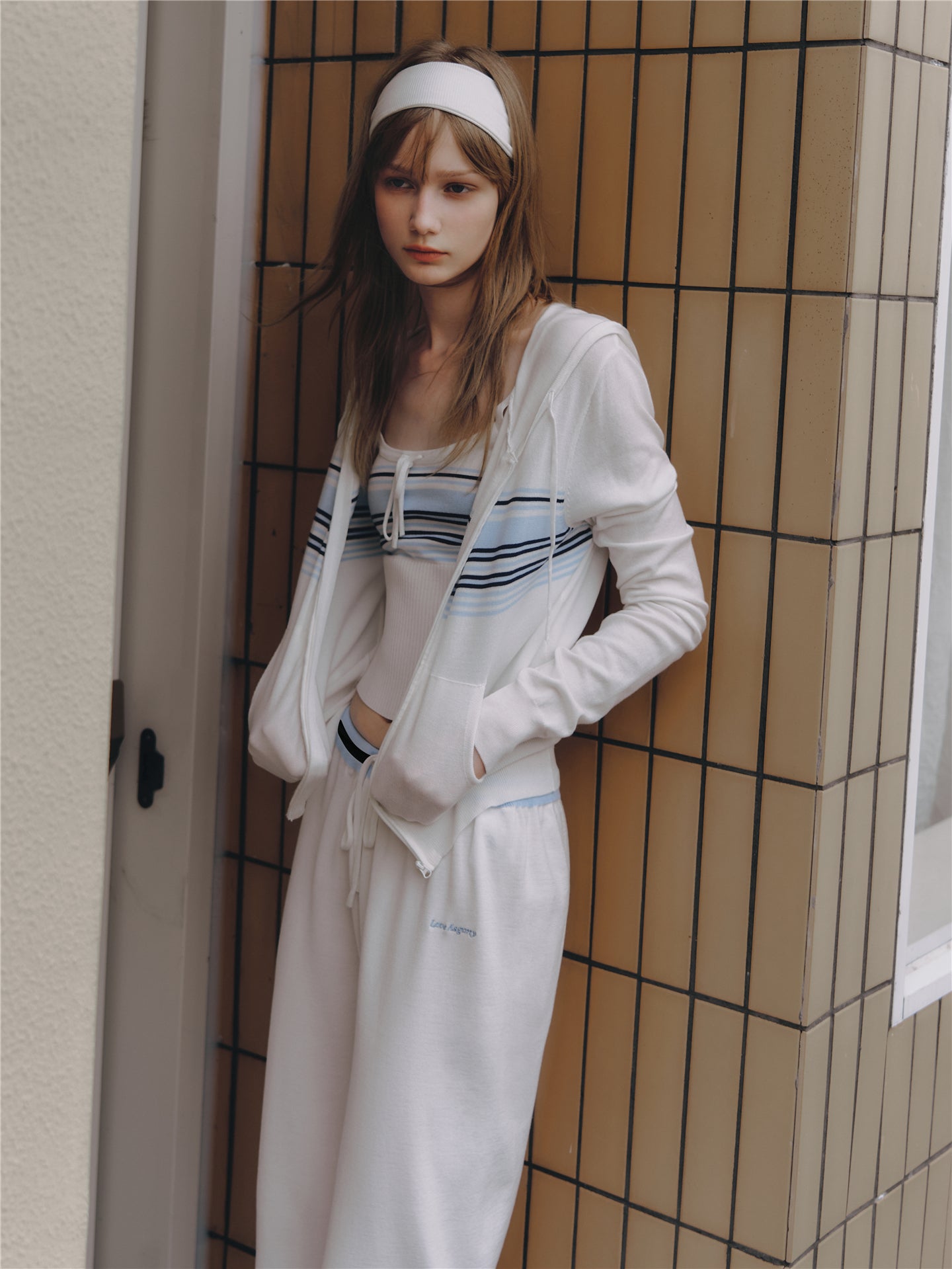 Asgony ASG26502 Contrast Stripe Knit Hooded Cardigan+ASG26503 Camisole+ ASG26504 Straight Pants