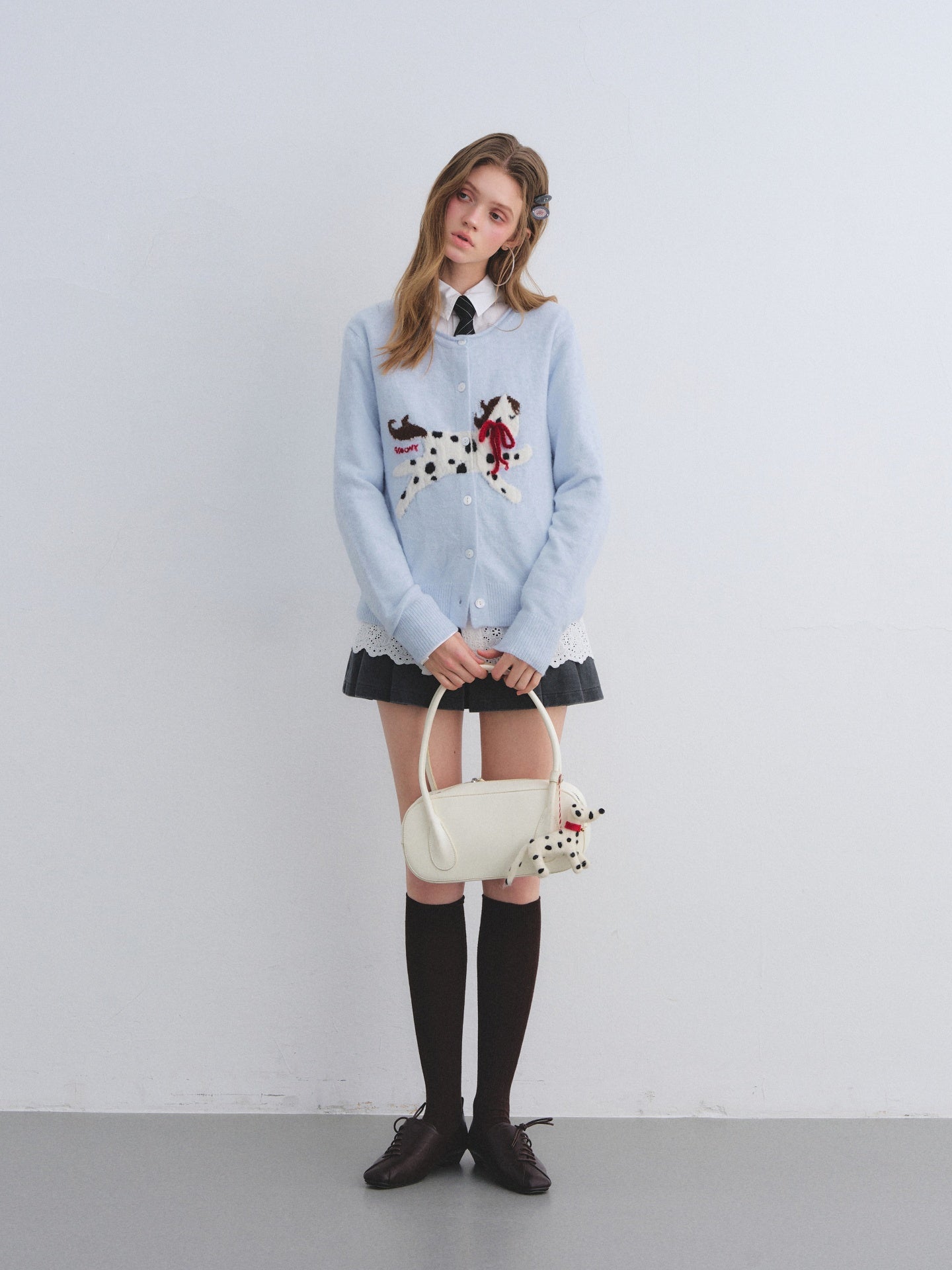 AsGony ASG25648 Pony jacquard bow round neck wool cardigan