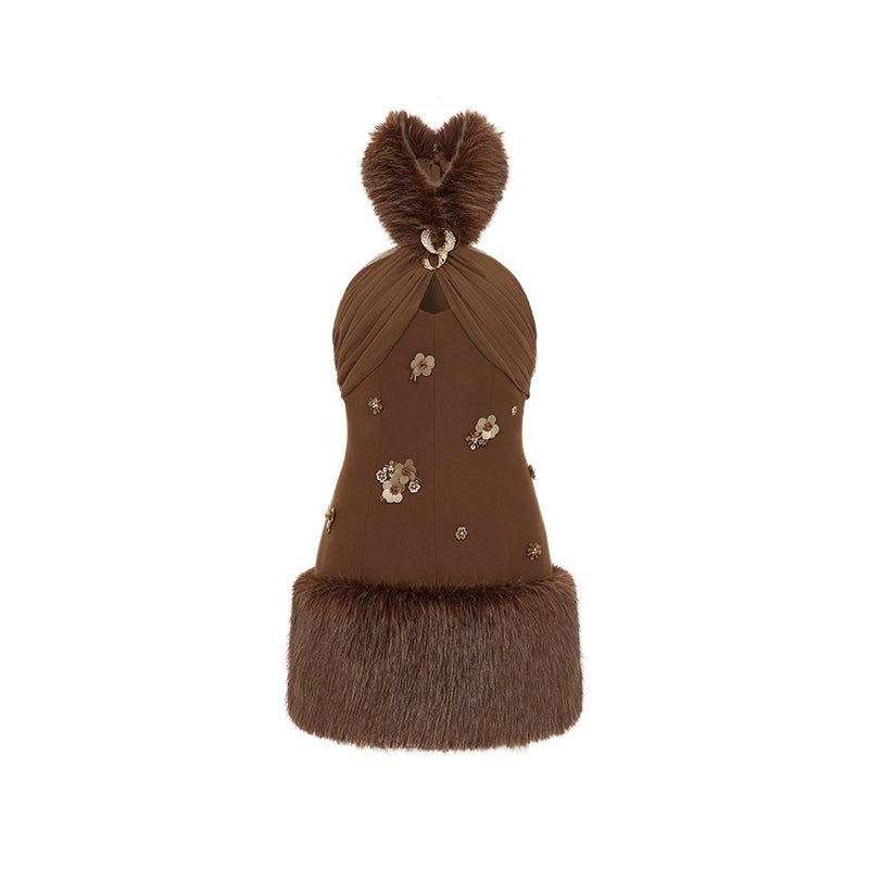 SHEERLUCK SLTZ25501 Eco friendly fur halter neck dress +jacket set