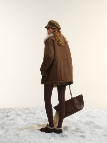 AsGony ASG25564 Detachable wool collar clip cotton Lyocell Parker jacket