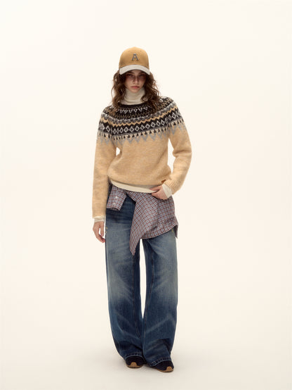 AsGony ASG25466 Round neck pullover Fel Island jacquard sweater