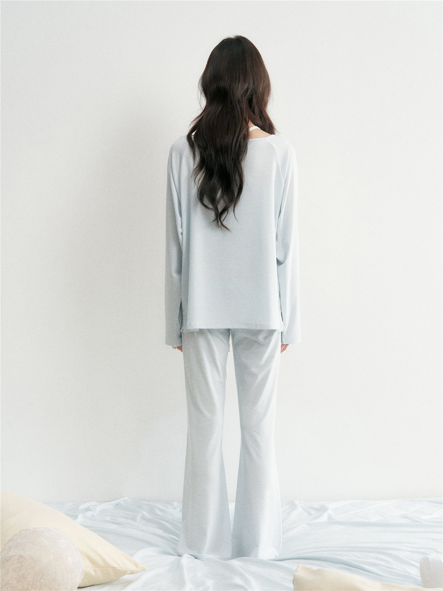 16DEWS 16D26028&amp;16D26029&amp;16D26030 Striped round neck top+tank top+micro flared casual pants