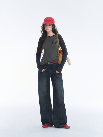 Asgony ASG26543 Crew Neck Contrast Slim Raglan Sleeve Top
