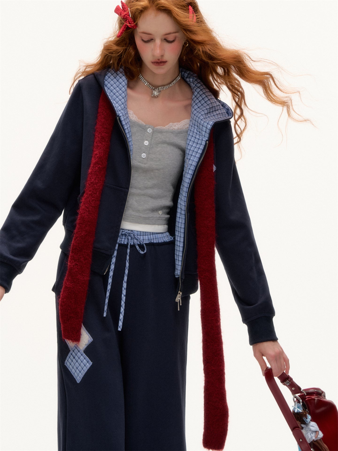 AsGony ASG25351&amp;ASG25352 Grid patchwork applique zip-up hoodie + pants set