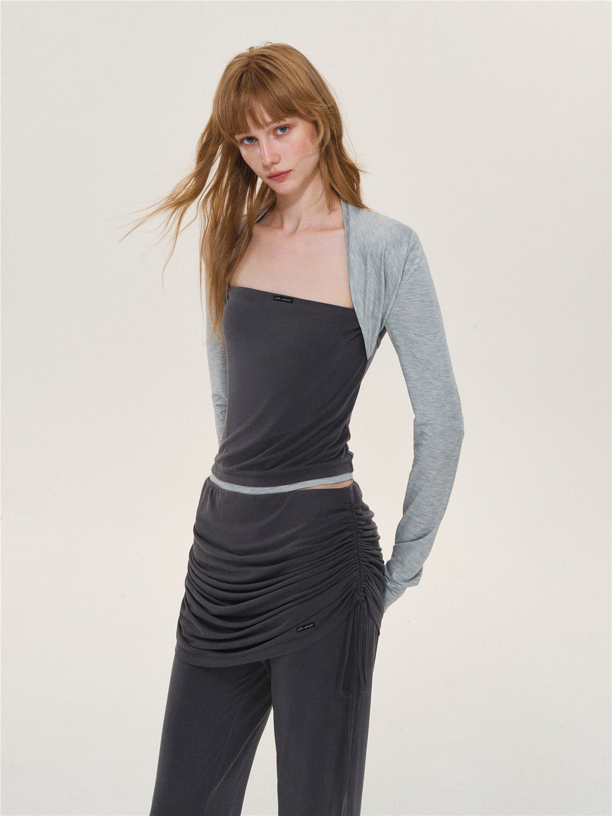 Asgony ASG26573 &amp; ASG26574 Faux Layered Long-Sleeve Top &amp; Flared Trousers with Overskirt