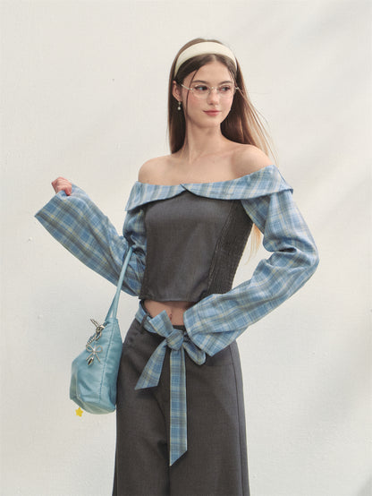 AsGony ASG25263&amp;ASG25264 Plaid patchwork off-shoulder top + pants set
