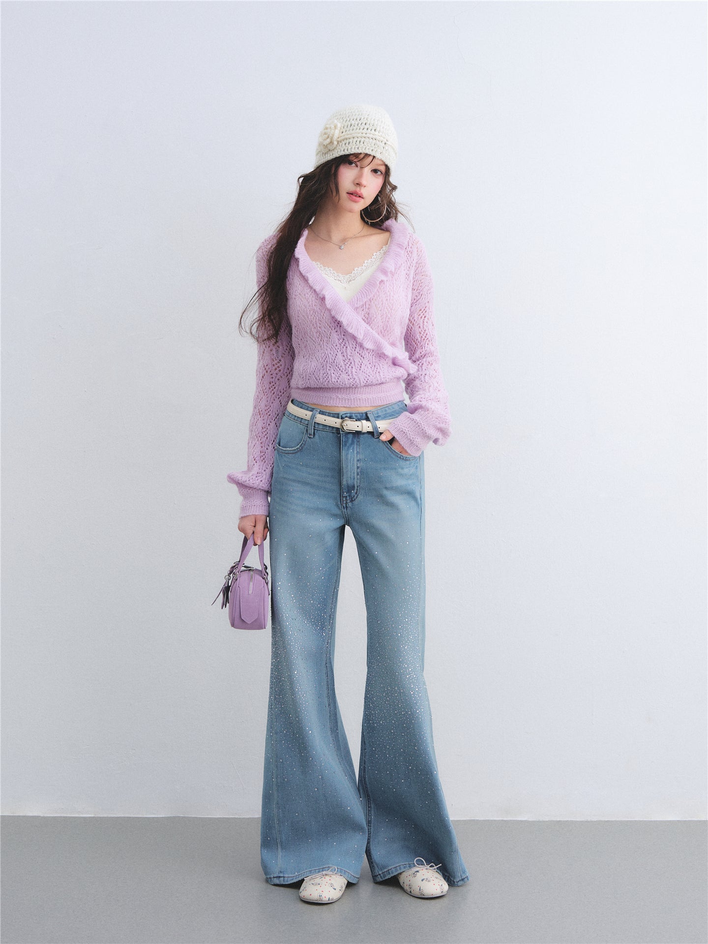 AsGony ASG26007 Wool cross ruffled mohair hollow pullover sweater