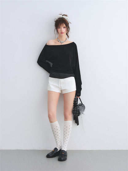 AsGony ASG26014 Slanted shoulder batfly sleeve striped strap hem top