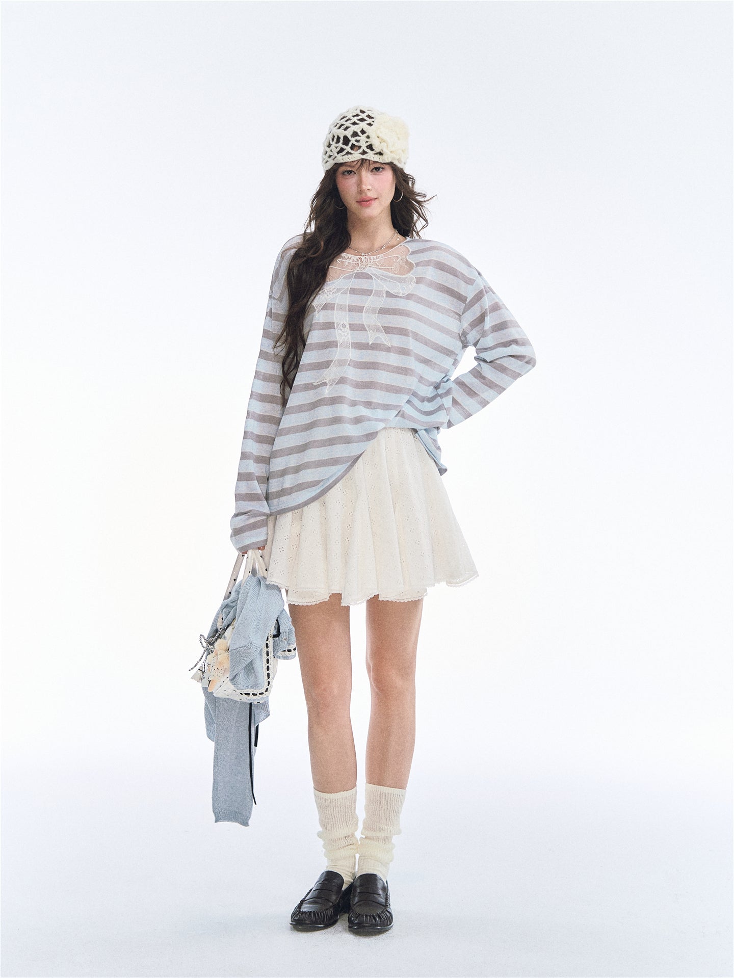 Asgony ASG26500 Striped Lace Patchwork Bow Long-Sleeve Top
