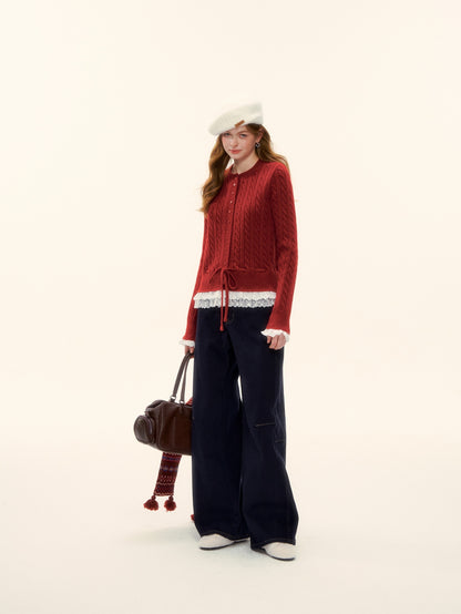 AsGony ASG25622 Lace hem patchwork knit sweater