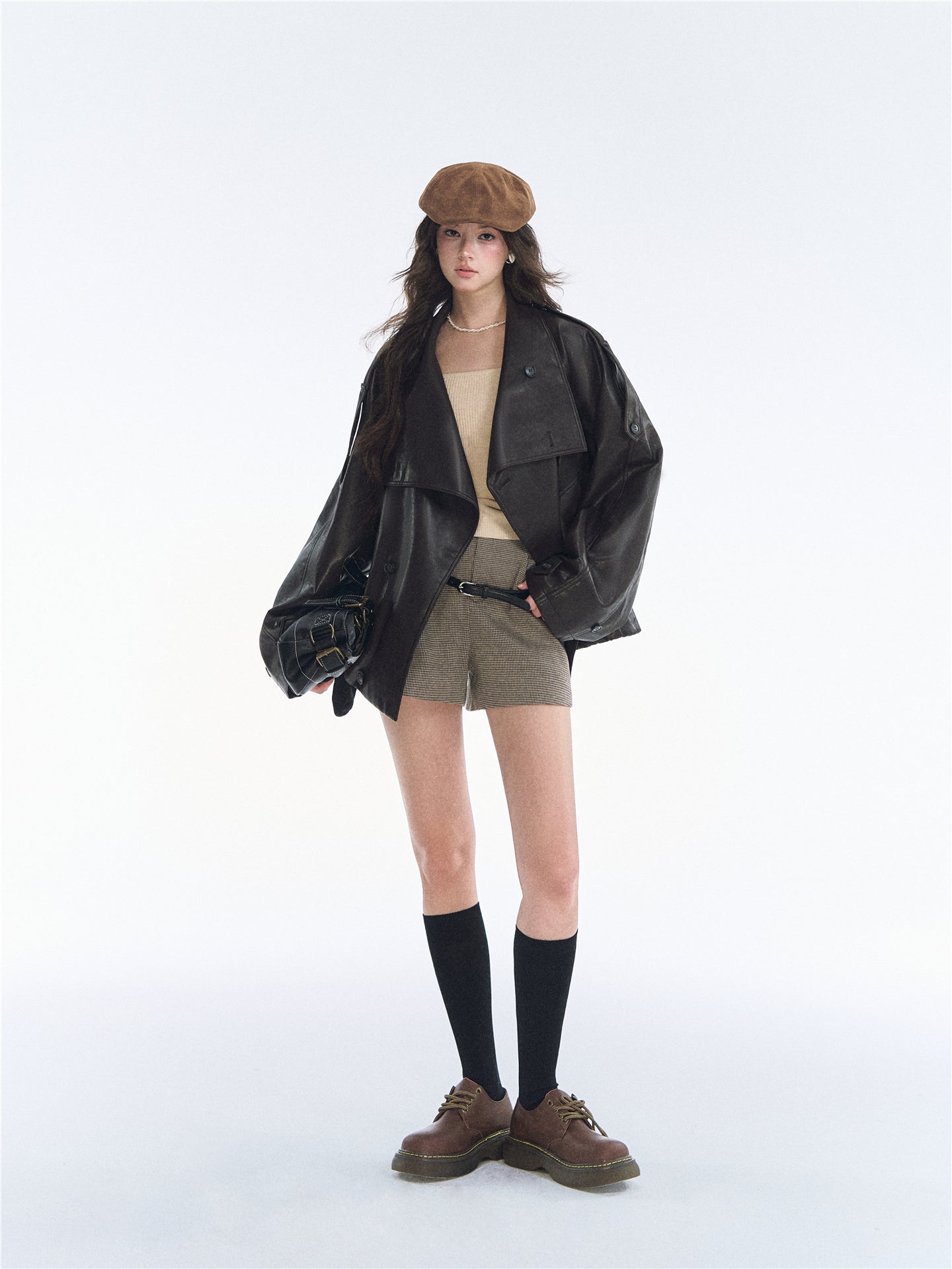 Asgony ASG26542 Oversized Collar Double-Breasted Leather Jacket