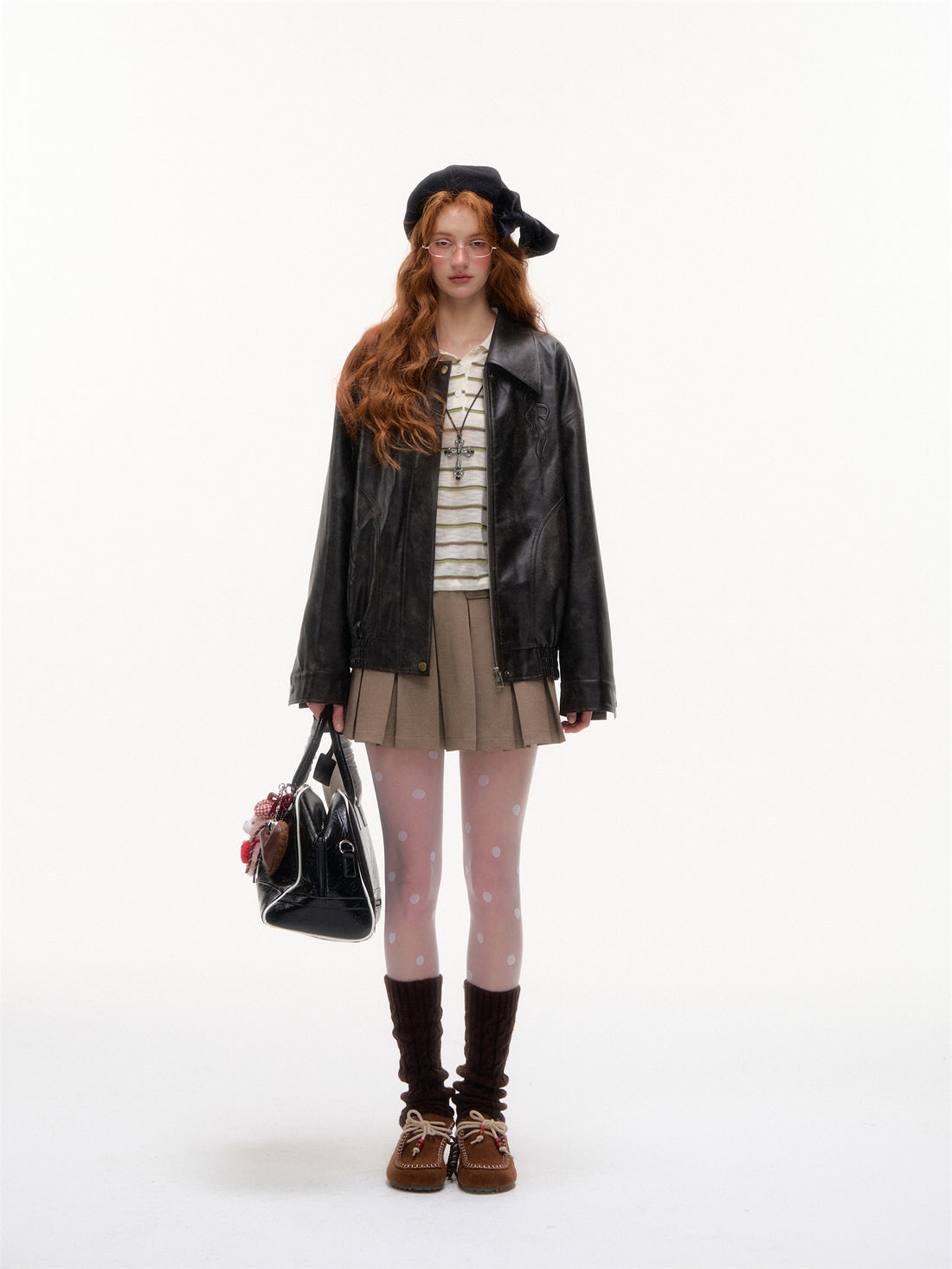 AsGony ASG25389 Bow collar loose jacket leather jacket