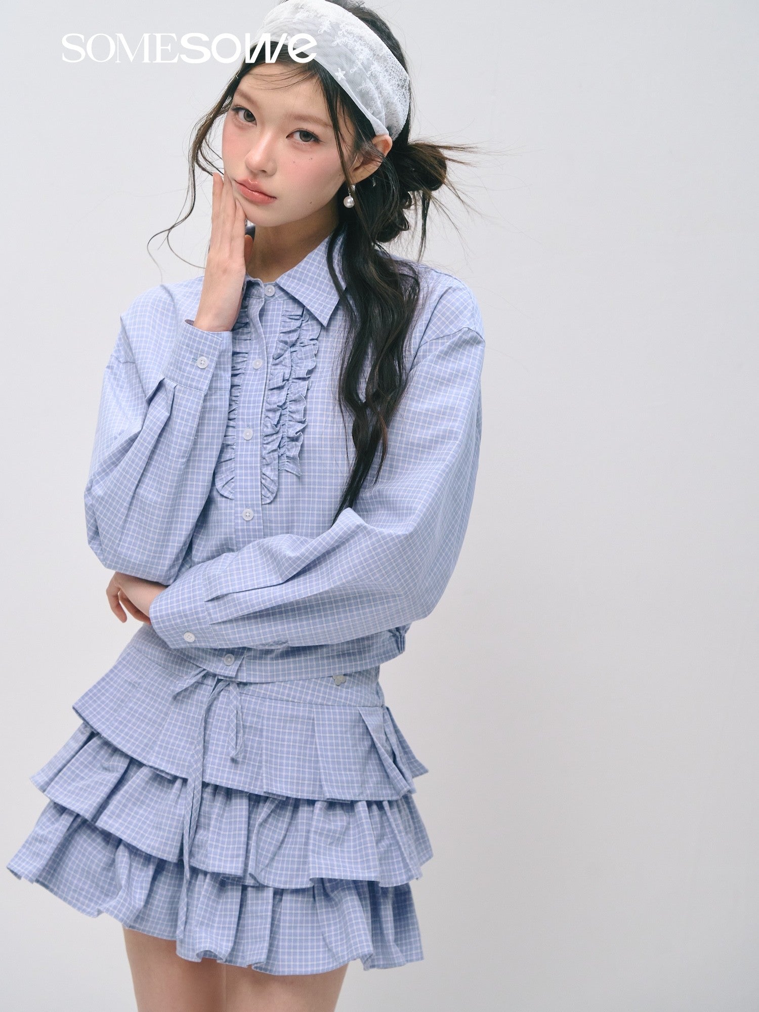SOMESOWE S2509029&amp;S2509030 Plaid ruffled silhouette short shirt + skirt