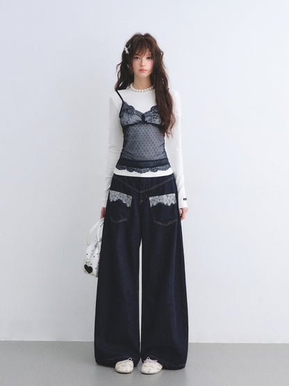 AsGony ASG26013 Fake two lace patchwork long sleeved base T-shirt