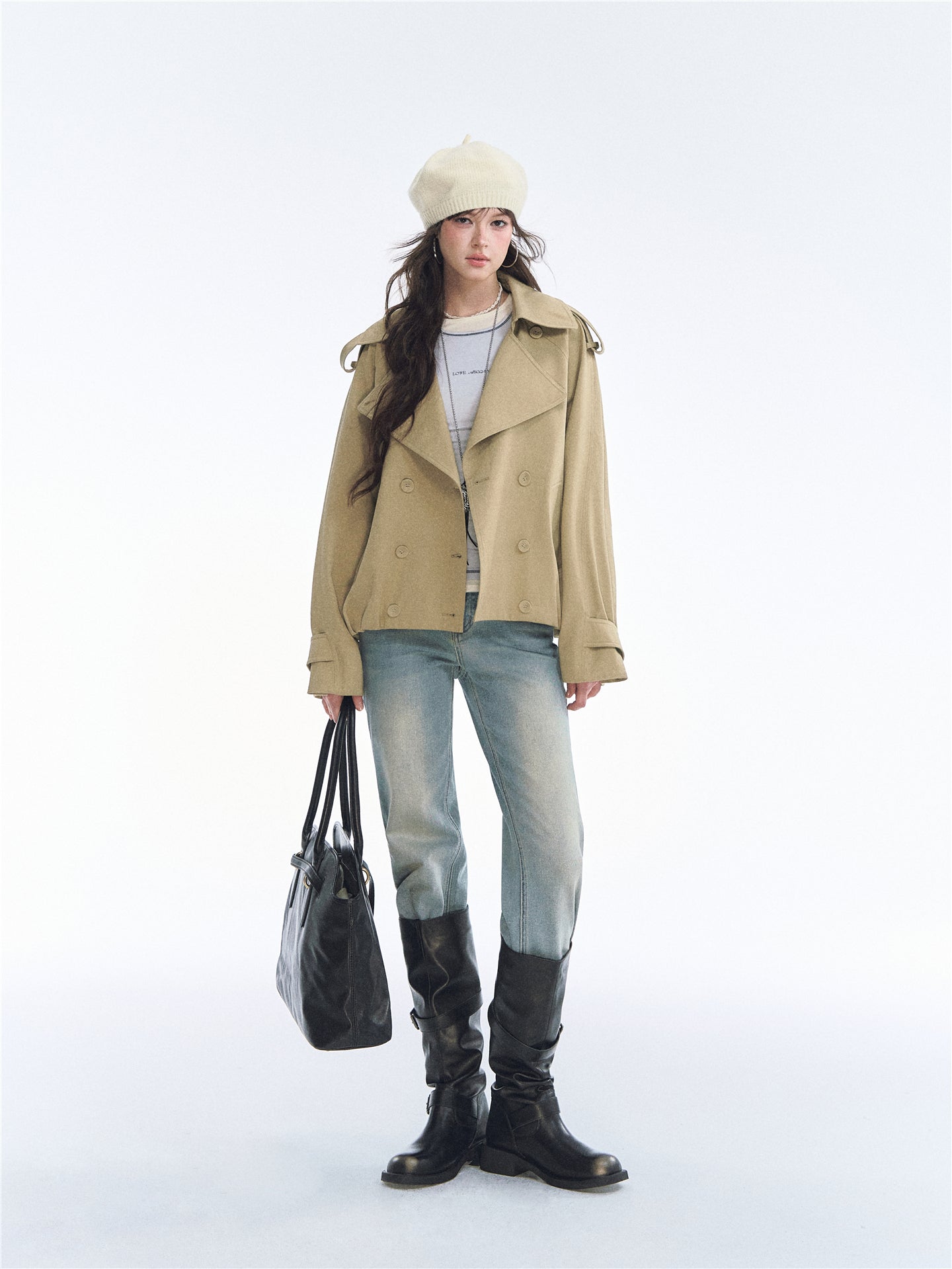 Asgony ASG26553 Tulip Stand Collar Double-Breasted Trench Coat
