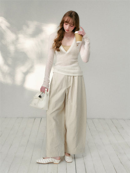 16DEWS 16D26097&amp;16D26098 V-neck wool mohair knitted sweater two-piece set + pants