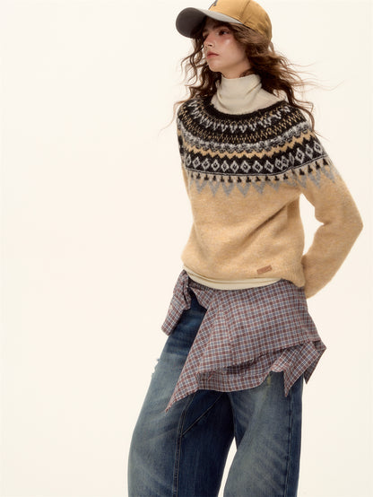 AsGony ASG25466 Round neck pullover Fel Island jacquard sweater